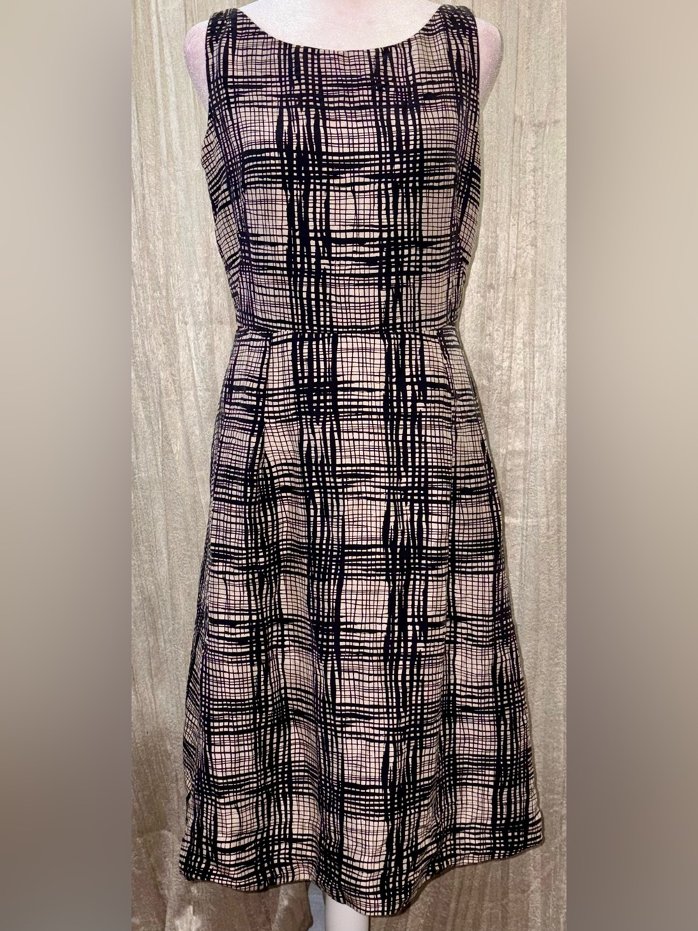 L.K. Bennett London sleeveless beige and black hatch print dress